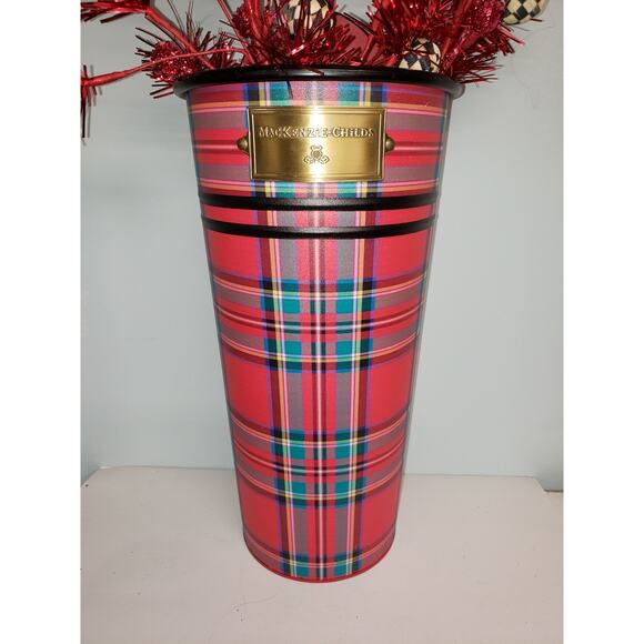 Mackenzie Childs Red Tartan Metal Bucket Wall Vase Holidays Plaid NIB Retired - Picture 8 of 8